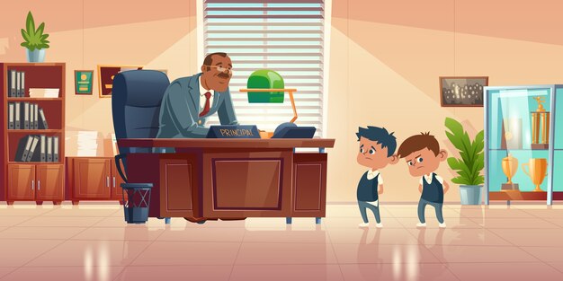 Teacher meeting with kids in principals office. cartoon illustration of kind man school headmaster talk with two guilty boys. Administration cabinet with director and students