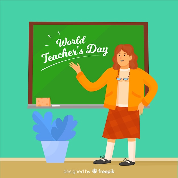 Free vector teacher pointing at blackboard flat design