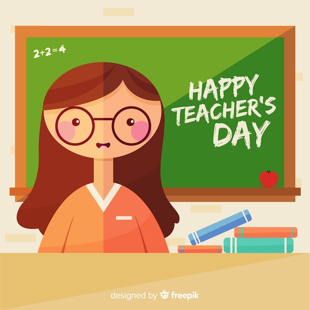 Teacher's day background with female teacher and blackboard in flat design