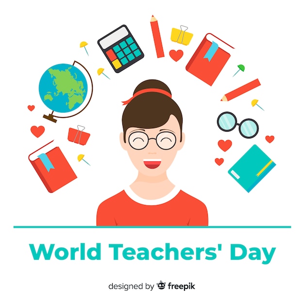 Teacher's day background with female teacher and school elements in flat design