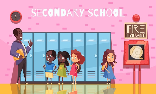Free vector teacher and secondary school students during conversation on background of pink wall with lockers cartoon