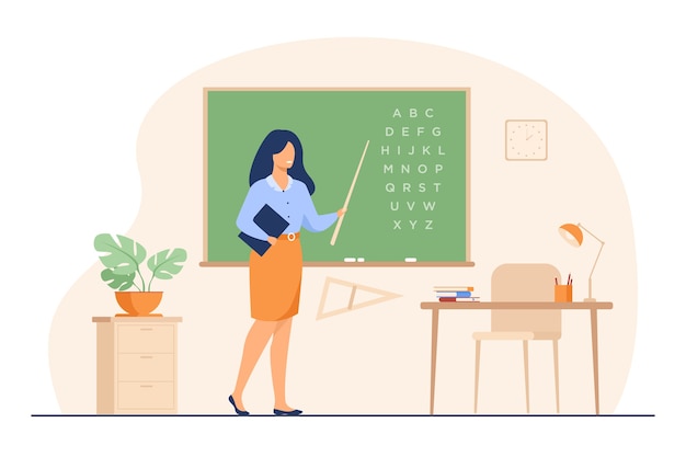 Учитель, стоящий возле доски и держащий палку, изолировал плоскую векторную иллюстрацию. Мультипликационный персонаж женщины возле доски и указывая на алфавит.