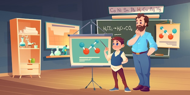 Free vector teacher and student learn chemistry in classroom