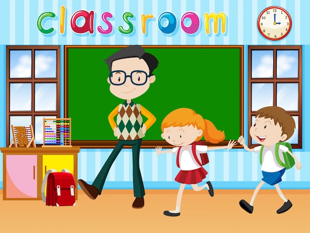 Free vector teacher and students in the classroom illustration