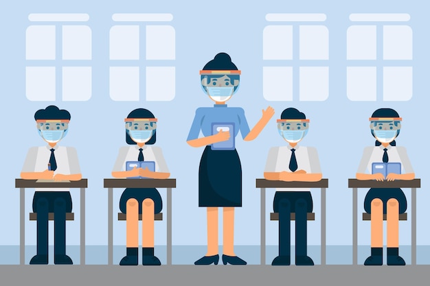 Free vector teacher and students wearing face mask in class