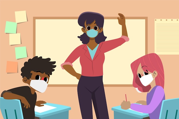 Free vector teacher and students wearing face mask in class