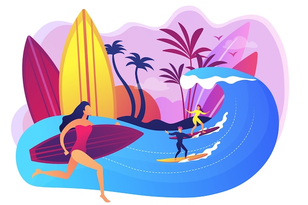 Free vector teacher teaching surfing, riding a wave on the surfboard in ocean, tiny people. surfing school, surf spot area, learn to surf here concept.