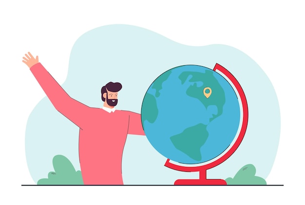 Teacher or worker next to globe with location pin. Cheerful man choosing destination flat vector illustration. Education, geography, traveling or vacation concept for banner or landing web page