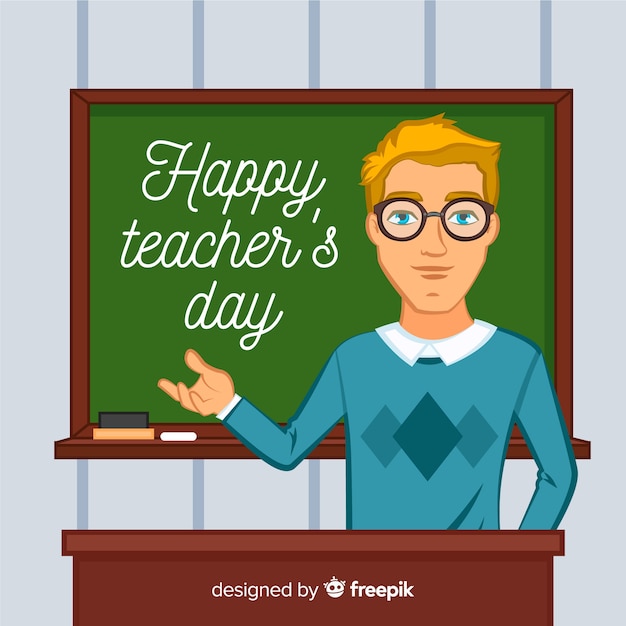 Teachers day background with teacher in front of chalkboard