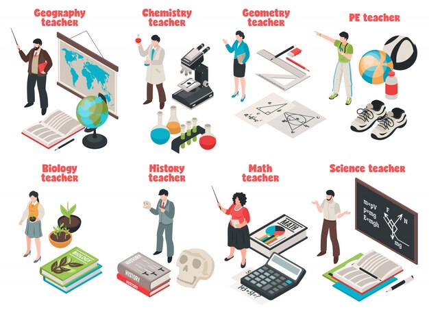 Teachers and school set with Biology and Geography symbols isolated isometric