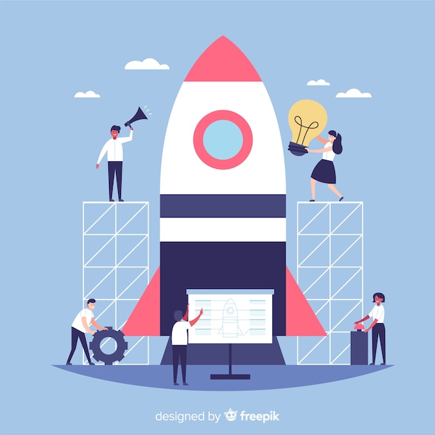 Free vector team building a rocket background