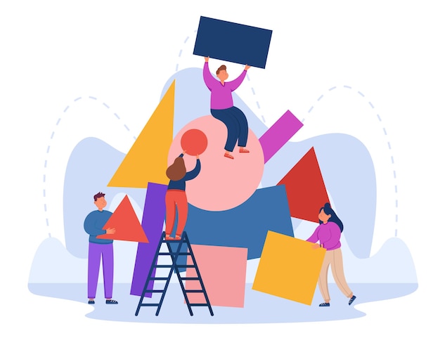 Team of business persons arranging geometric shapes together. cartoon people solving abstract puzzle, chaos flat vector illustration. collaboration, organization concept for banner or landing web page