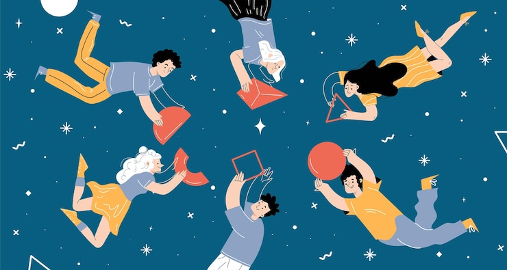 Free Vector team collaboration concept people work together set up abstract shapes flying in space businesspeople teamwork office employees cooperation partnership linear cartoon flat vector illustration