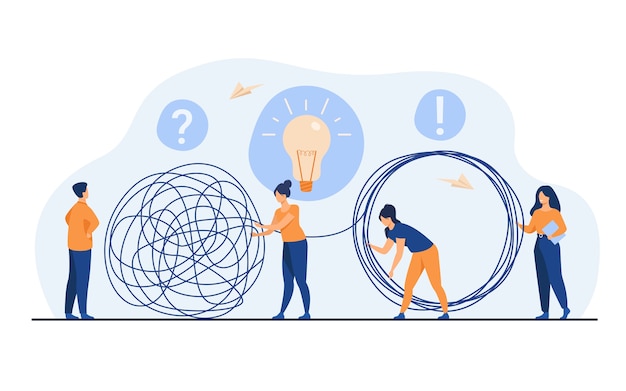 Free vector team of crisis managers solving businessman problems. employees with lightbulb unraveling tangle. vector illustration for teamwork, solution, management concept