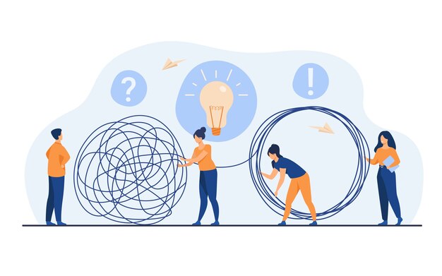 Team of crisis managers solving businessman problems. Employees with lightbulb unraveling tangle. Vector illustration for teamwork, solution, management concept