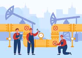 Free vector team of engineers and workers controlling oil or gas pipeline