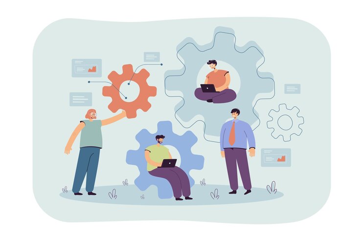 Free Vector team of engineers working on mechanism together, using laptop, talking, sitting in gears, writing codes.  cartoon illustration