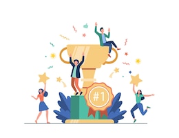 Team of happy employees winning award and celebrating success. business people enjoying victory, getting gold cup trophy. vector illustration for reward, prize, champions s