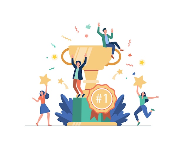 Team of happy employees winning award and celebrating success. Business people enjoying victory, getting gold cup trophy. Vector illustration for reward, prize, champions s