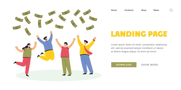 Team of happy people jumping for joy of winning money. Flat vector illustration. Workers standing under falling banknotes, winning jackpot, earning income. Success, luck, profit, business concept