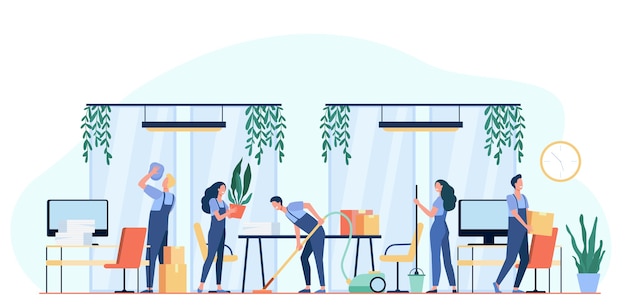 Team of professional janitors cleaning office. vector illustration for cleaners job, cleaning service, hygiene at work concept