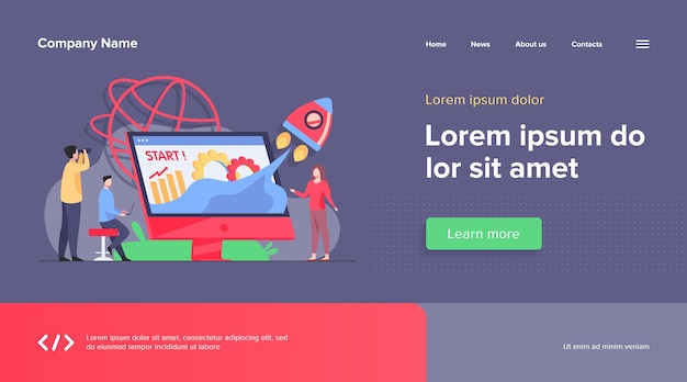 無料ベクター チーム開始プロジェクト。スタートアップに取り組んでいるワークグループ、成長チャート付きのモニターからロケットを発射します。新しいビジネスアイデアの概念のベクトル図