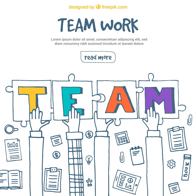 Vettore gratuito team lavoro con mani e pezzi di puzzle