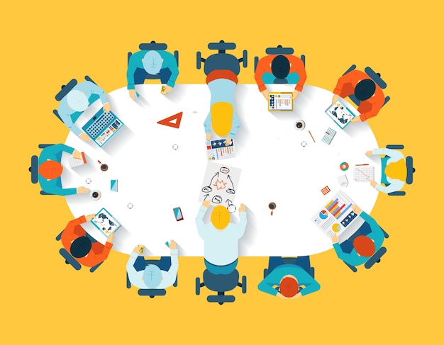 チームワーク。ビジネスブレーンストーミングの上面図。オフィスチーム、会議テーブル、人と会社