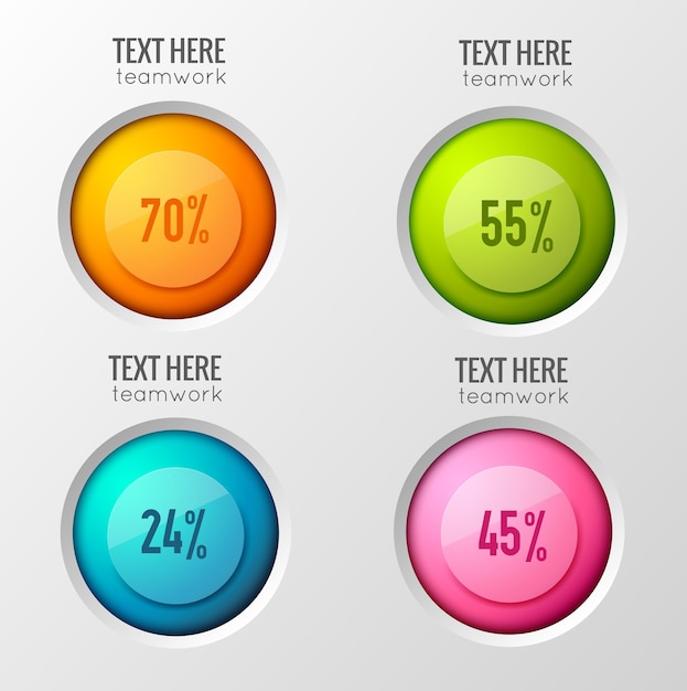 Бизнес-концепция совместной работы с интерактивными вариантами опроса с круглыми красочными кнопками и процентами с текстовыми подписями Бесплатные векторы