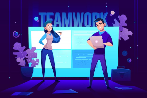 Free vector teamwork characters in front of large glowing screen for presentations on wall.