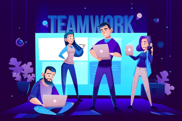 Free vector teamwork characters, operator and crew in front of screen for presentations.