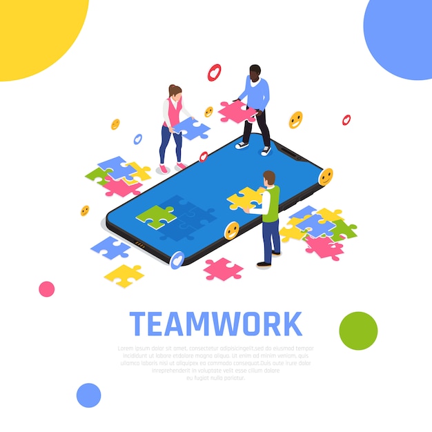 Free vector teamwork collaboration isometric composition with putting jigsaw puzzle pieces together as team building activity exercise