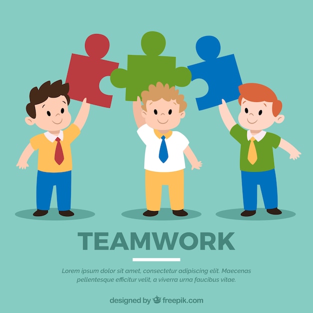 Teamwork concept with people holding jigsaw