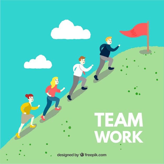Teamwork concept with persons climbing hill