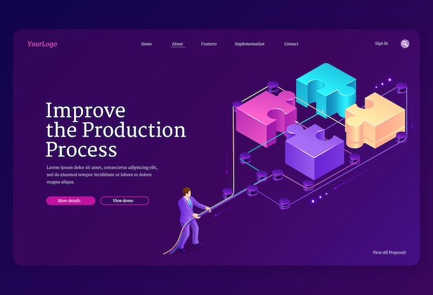 無料ベクター パズルのピースとレバレッジを備えたチームワークのコンセプト。生産プロセスのバナーを改善します。ビジネスマンの等角投影図のランディングページは、ジグソーブロックを接続します