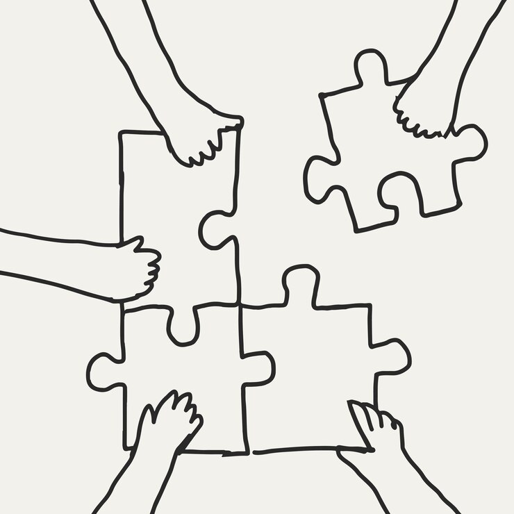 Free Vector teamwork doodle vector hands connecting puzzle jigsaw