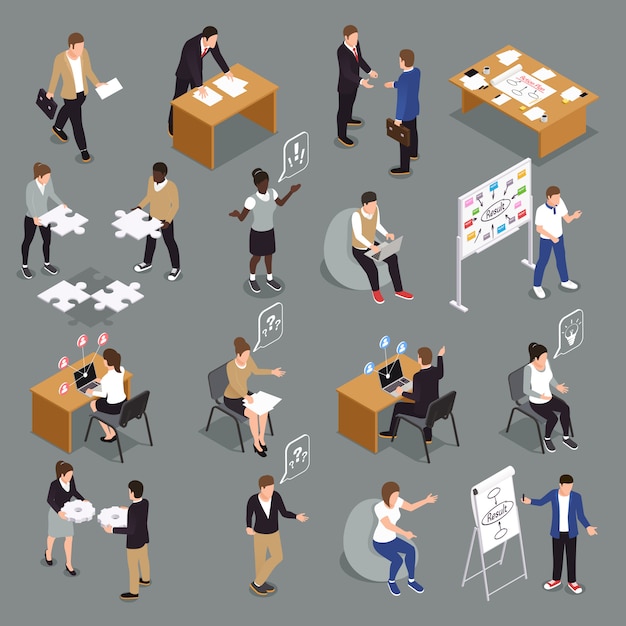 Free vector teamwork efficient collaboration isometric icons collection with interacting unified sharing ideas brainstorming decisions making people