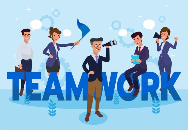 Free vector teamwork - flat design style colorful illustration with creative employee. a composition with workers or businessmen.