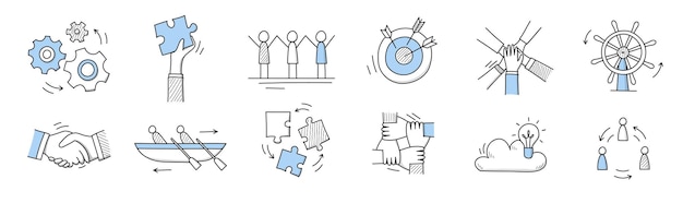 Free vector teamwork icons with people, puzzle, handshake