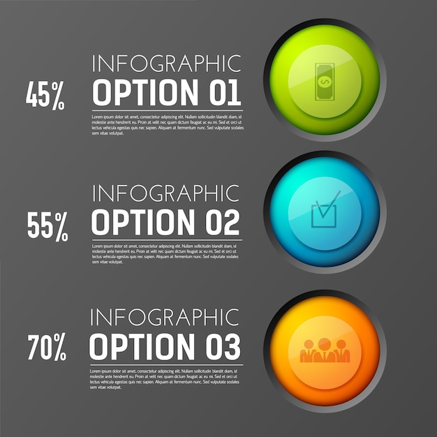 Vettore gratuito concetto di infografica di lavoro di squadra con tre pulsanti di opzione pittogrammi rotondi colonne di testo appropriate e percentuale