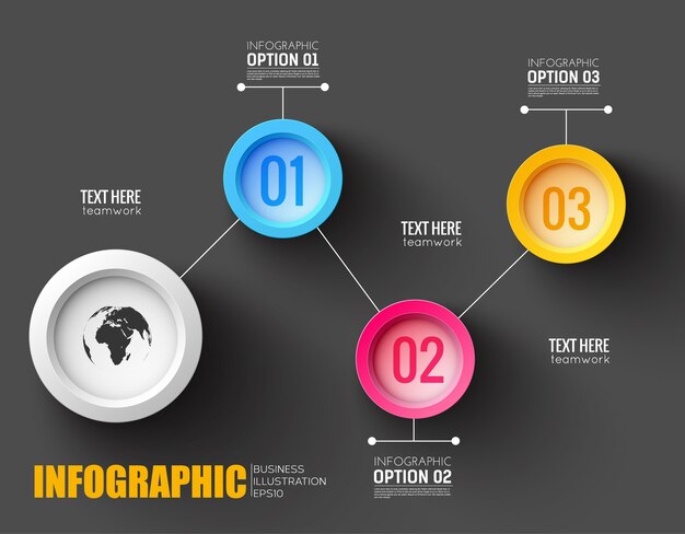 Free vector teamwork infographic layout with world map silhouette and numbered buttons connected by white lines