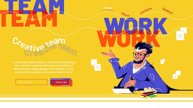 Free vector teamwork landing page with businessman sitting on desk