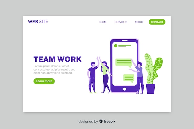 Teamwork landing page with colorful flat design phone and characters 