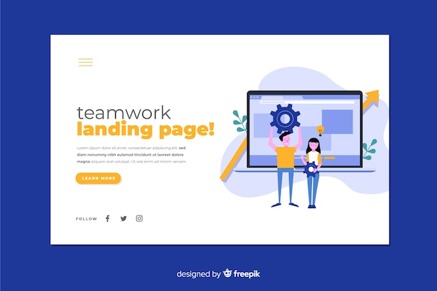 Free vector teamwork landing page with flat design laptop and characters