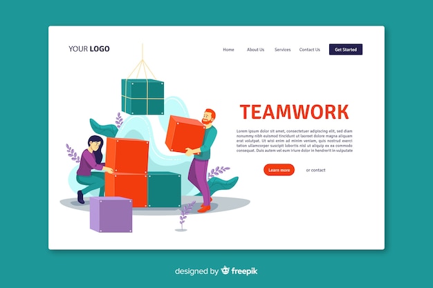 Teamwork landing page with flat design