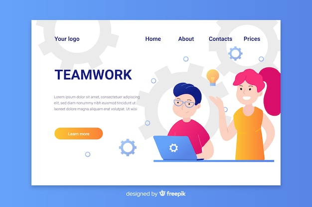 Teamwork landing page with smiling characters