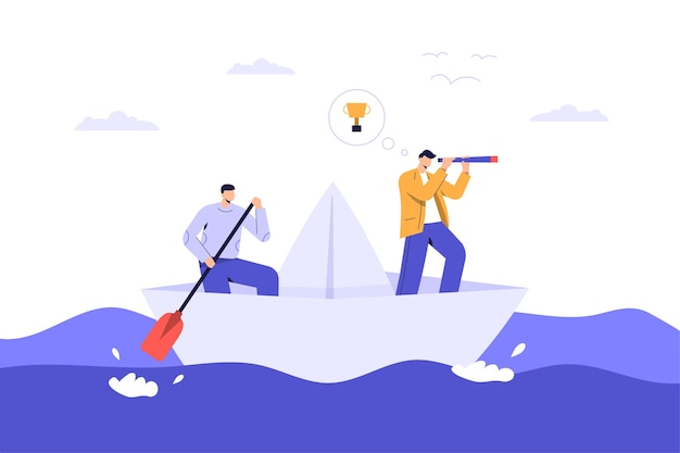 Free vector teamwork on paper boat looking for trophy