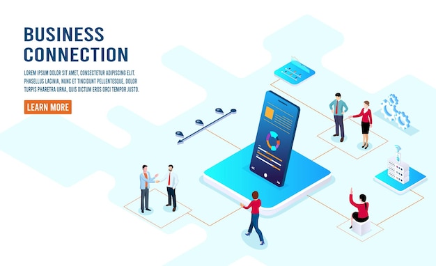 Free vector teamwork and partner business connection communicate concept with smartphone device. businessman and businesswoman connection and communication in business landding page