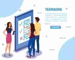 Free vector teamwork people with smartphone device template