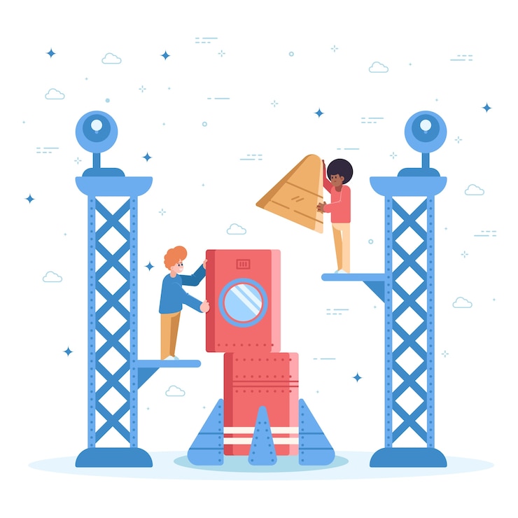 Free Vector teamwork people working on a spaceship
